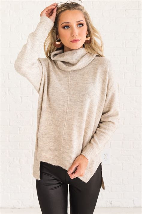 Beige Oversized Knit Sweaters For Women Cowl Neck Sweater Oversized