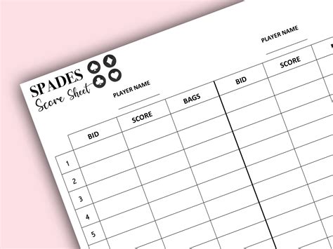 Spades Score Card Spades Scoresheet Spades Score Pads Printable File