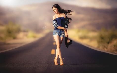 Wallpaper Women Model Road Photography Dress Blue Jean Shorts