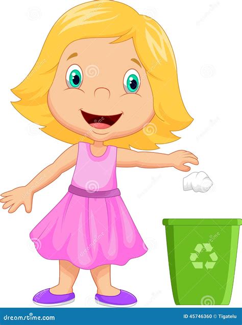 Young Girl Cartoon Throwing Trash Into Litter Bin Vector Illustration