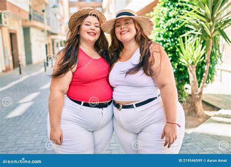 Two Plus Size Overweight Sisters Twins Women Hugging Together Outdoors Stock Image Image Of
