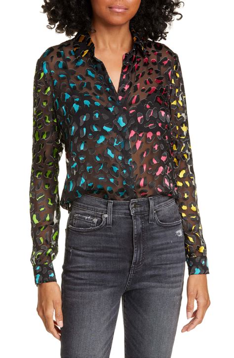 Alice Olivia Willa Abstract Leopard Print Burnout Silk Blend Blouse