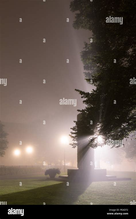 Empty Park At Foggy Night Stock Photo Alamy