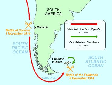Find out information about falkland islands, battle of 1914. BBC - History - World Wars: The War at Sea: 1914 - 1918