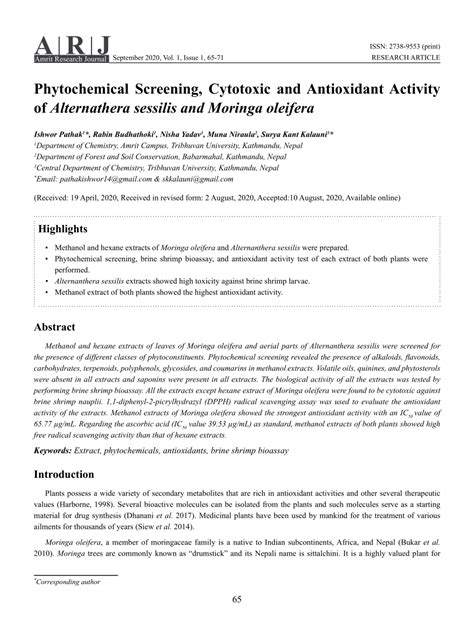 pdf phytochemical screening cytotoxic and antioxidant activity of alternanthera sessilis and