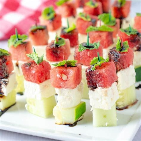 Cucumber Feta Watermelon Skewers Party Appetizer With Balsamic Glaze