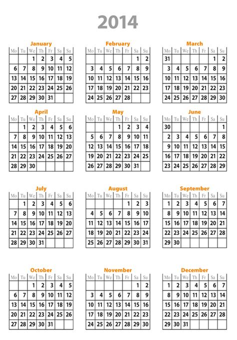Yearly Calendar 2014 Templates Free Printable