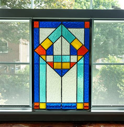 Geometric Stained Glass Panel Stained Glass Window Modern Etsy