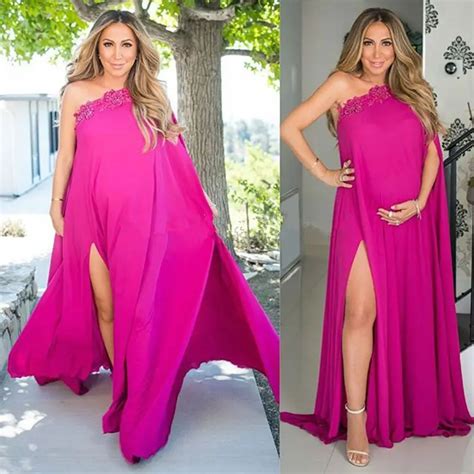 One Shoulder Pregnant Evening Dresses High Split Side Plus Size Chiffon Maternity Dresses 2016