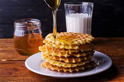 Homemade Waffles With Honey And Milk High Quality Food Images