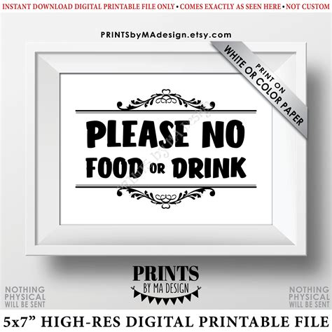 Please No Food Or Drink Sign Keep Food Out Printable 5x7 Black