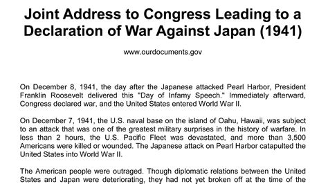 Joint Address To Congress Leading To A Declaration Of War Against Japan