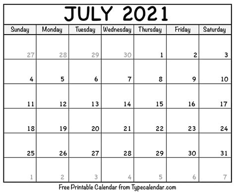 Printable Calendar July 2021 Blank Calendar For July