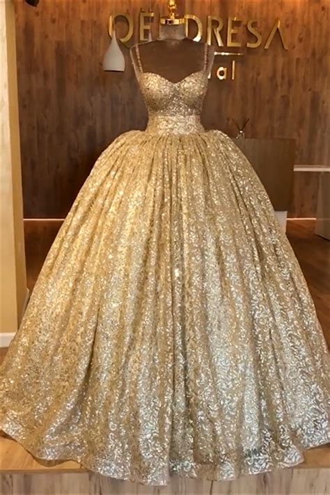 Spaghetti Straps Gold Beaded Lace Evening Dress Luxury Ball Gown