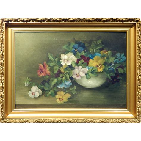Antique Floral Still Life Oil Painting Of Pansies In Ornate Frame