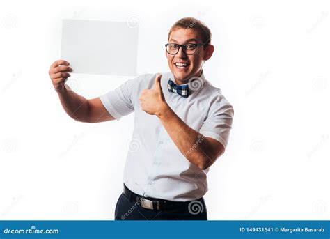 Man Holds The White Sign In A Studio White Background Stock Image