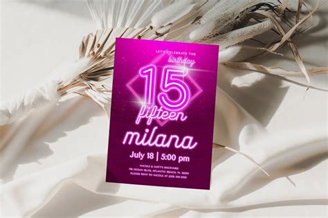 Pink Neon 15th Birthday Invitation Neon Light Girls 15 Birthday Invite
