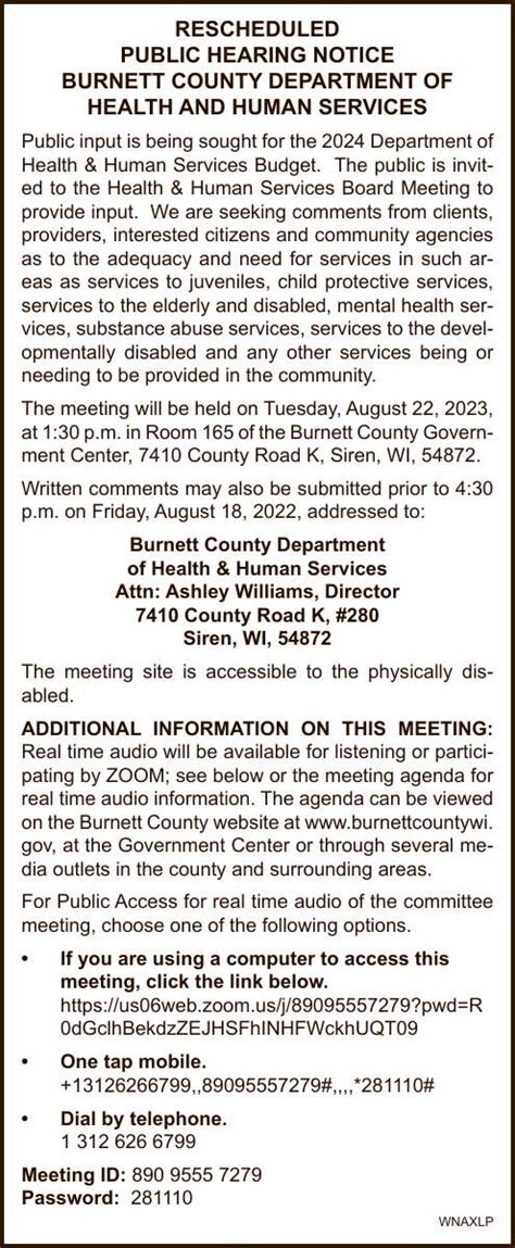 Rescheduled Public Hearing Notice Burnett County Department Of Health