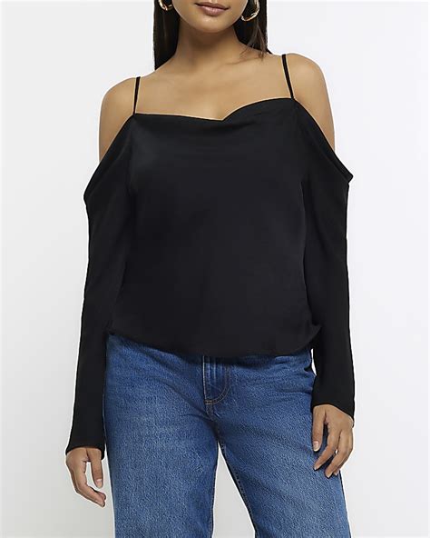 Black Long Sleeve Cold Shoulder Top River Island