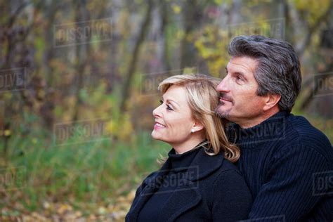 Couple Spending Quality Time Together In A Park In Autumn St Albert Alberta Canada Stock