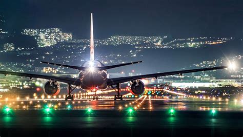 Awesome Night Panorama Of Airport Runway Lights City Lights