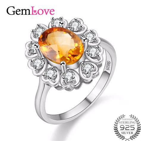 Gemlove Citrine Ring Zircon Sterling Silver Jewelry Engagement