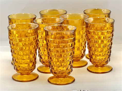 Amber Tumblers Vintage Drinking Glasses Whitehall Cube Or Cubist Footed Pedestal Barware Mid