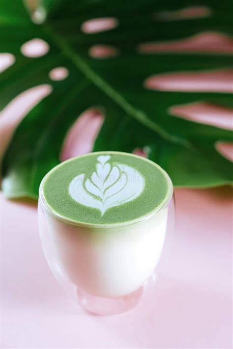 Hot Green Matcha Latte With Green Leave Stock Image Image Of Glass