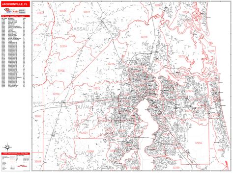 Jacksonville Florida Zip Code Wall Map Red Line Style By Marketmaps