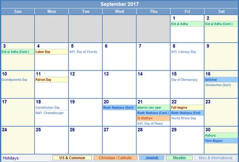 September 2017 Us Calendar With Holidays For Printing Image Format