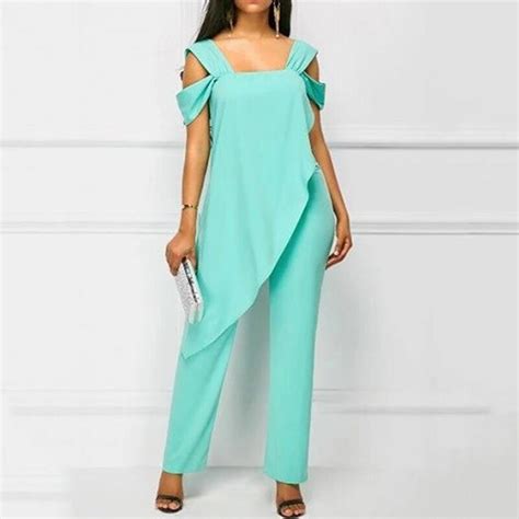2020 summer women casual strap open back overlay jumpsuit fashion cold shoulder straight leg