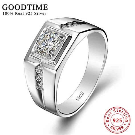 Classic Mens Sterling Silver 925 Zirconia Engagement Ring Solid