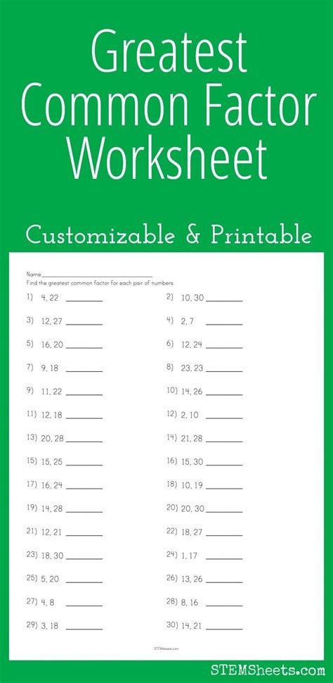 Greatest Common Factor Worksheet Customizable And Printable