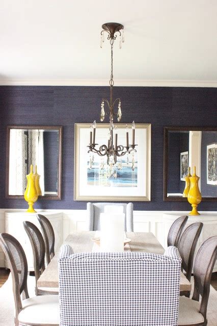 The textured blue wallpaper contrasts against the creamy beige trim and calls attention to the handsome fireplace that's at the center of the formal design. Navy Grasscloth Dining Room - Transitional - Dining Room ...