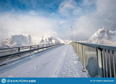 Bridge Cross Over Arctic Ocean With Snowy Mountain Stock Image Image
