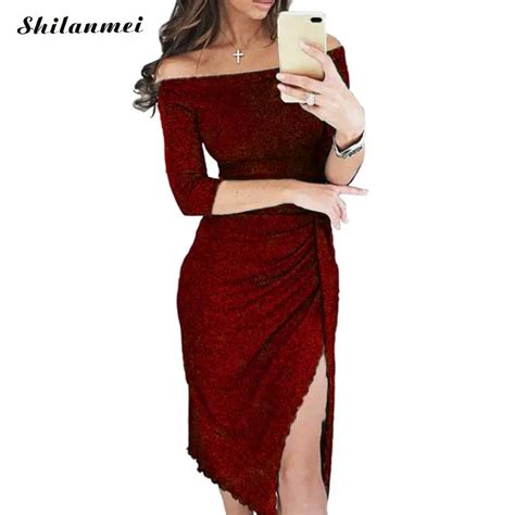 Sexy Off Shoulder Evening Party Dress Women Elegant Bodycon Silver Shiny Ruched Side Split Dress