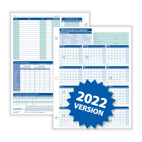 2022 Attendance Calendar 50 Per Package New Medical Forms