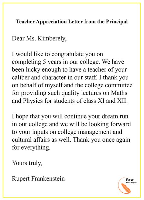 Teacher Appreciation Letter From The Principal Best Letter Template