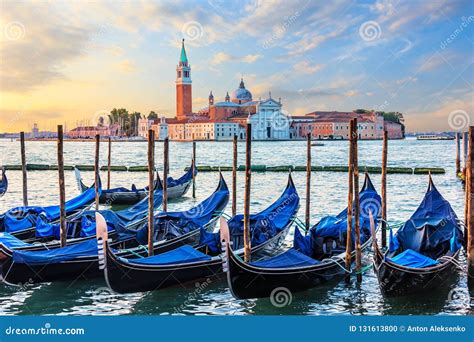 Gondolas Mooring And San Giorgio Maggiore View Venice Italy Stock