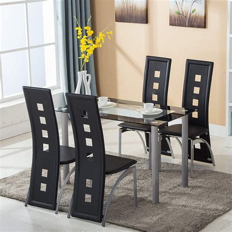 Ktaxon 5 Piece Glass Dining Table Set With 4 Faux Leather Chairs Dining