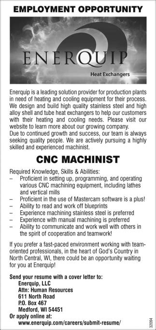 Enerquip | CNC Machinist | Employment Ads from Price County Review