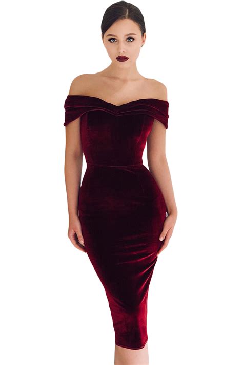 Wine Red Off Shoulder Ruched Velvet Party Dress Lc610980 1199