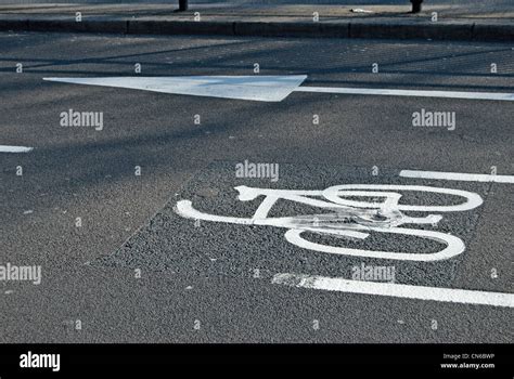 British Road Markings Indicating A Cycle Lane And An Arrow Indicating A