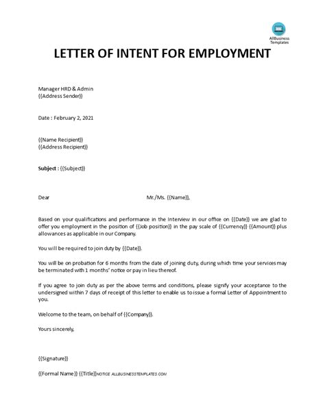 Letter Of Intent To Hire Employee Template