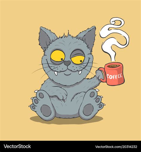 Sleepy Cat Drinks Coffee In The Morning Royalty Free Vector
