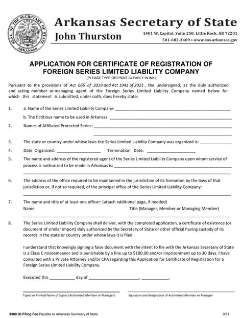Arkansas Application For Certificate Of Registration Of Foreign Series