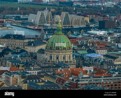 Aerial Close Up View Of Copenhagen Frederik Church With Green And Gold