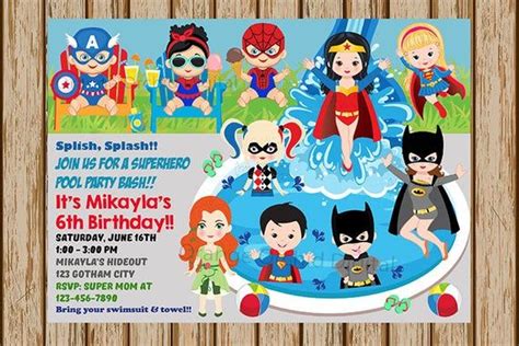 Superhero Pool Party Birthday Invitations Super Hero Etsy Pool Birthday Party Pool Party