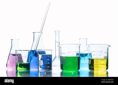 Laboratory Glassware With Liquids Of Different Colors Flasks And Measuring Beaker For Science