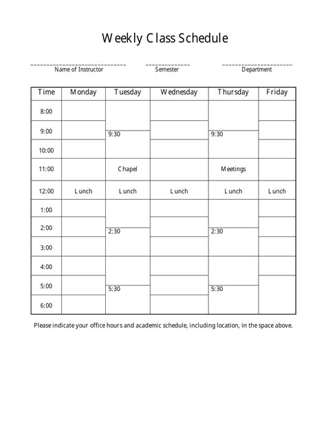 Weekly Class Schedule Template Table Download Printable Pdf